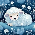 Little sheep sleep among the flowers at night